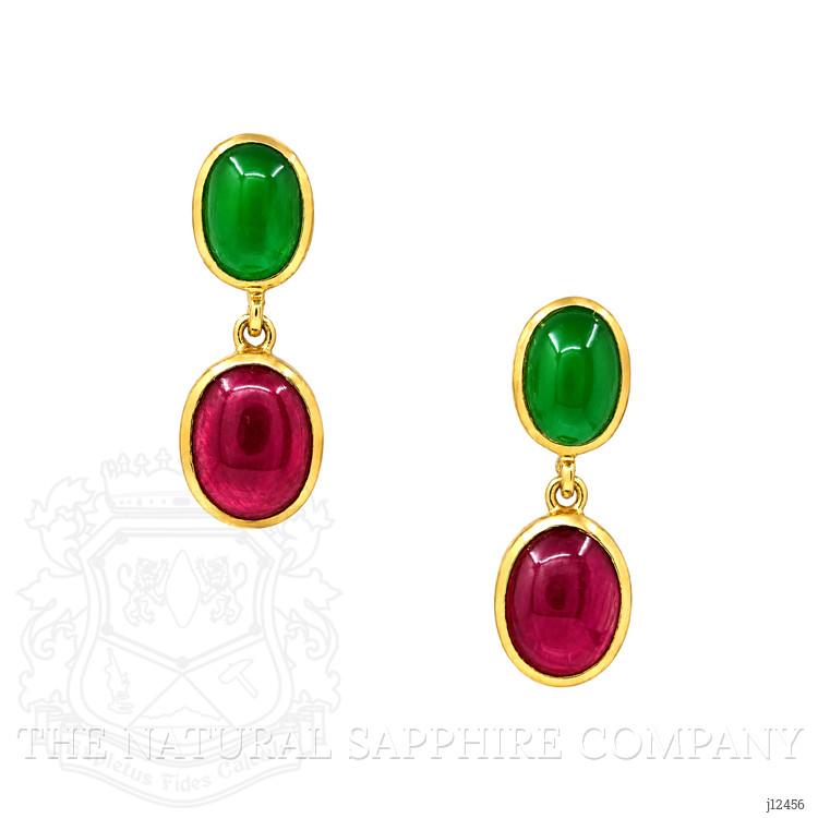 13.54 Ct.Tw. Ruby and Green Agate Studs Earrings, 22K Gold Plated Silver