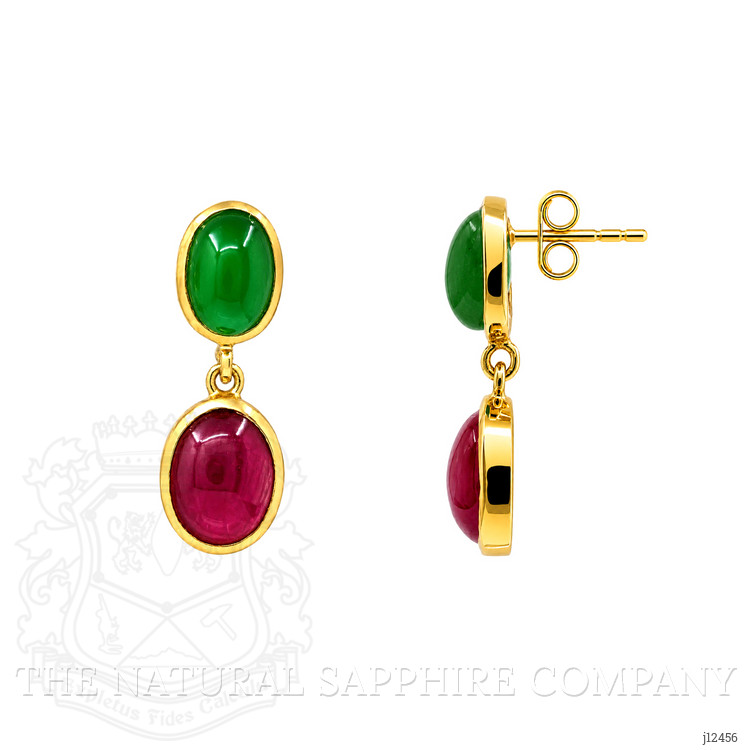 13.54 Ct.Tw. Ruby and Green Agate Studs Earrings, 22K Gold Plated Silver