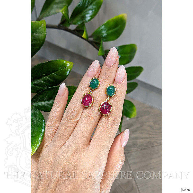 13.54 Ct.Tw. Ruby and Green Agate Studs Earrings, 22K Gold Plated Silver