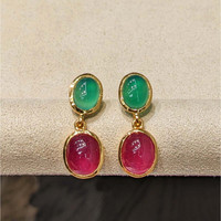 13.54 Ct.Tw.Total Carat Weight Ruby and Green Agate Studs Earrings, 22K Gold Plated Silver Life Style