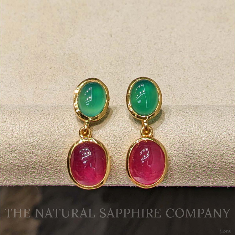 13.54 Ct.Tw. Ruby and Green Agate Studs Earrings, 22K Gold Plated Silver