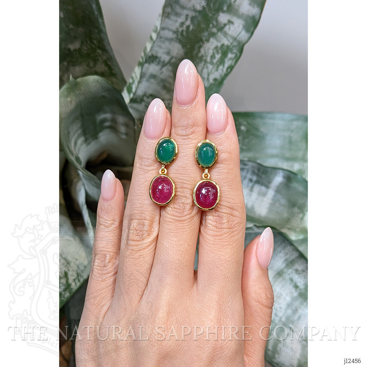 13.54 Ct.Tw. Ruby and Green Agate Studs Earrings, 22K Gold Plated Silver