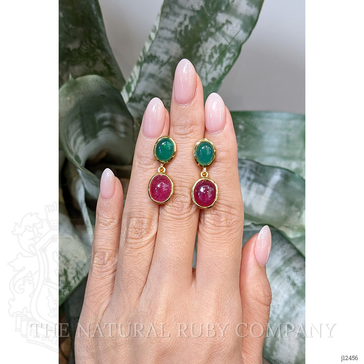 13.54 Ct.Tw. Ruby and Green Agate Studs Earrings, 22K Gold Plated Silver