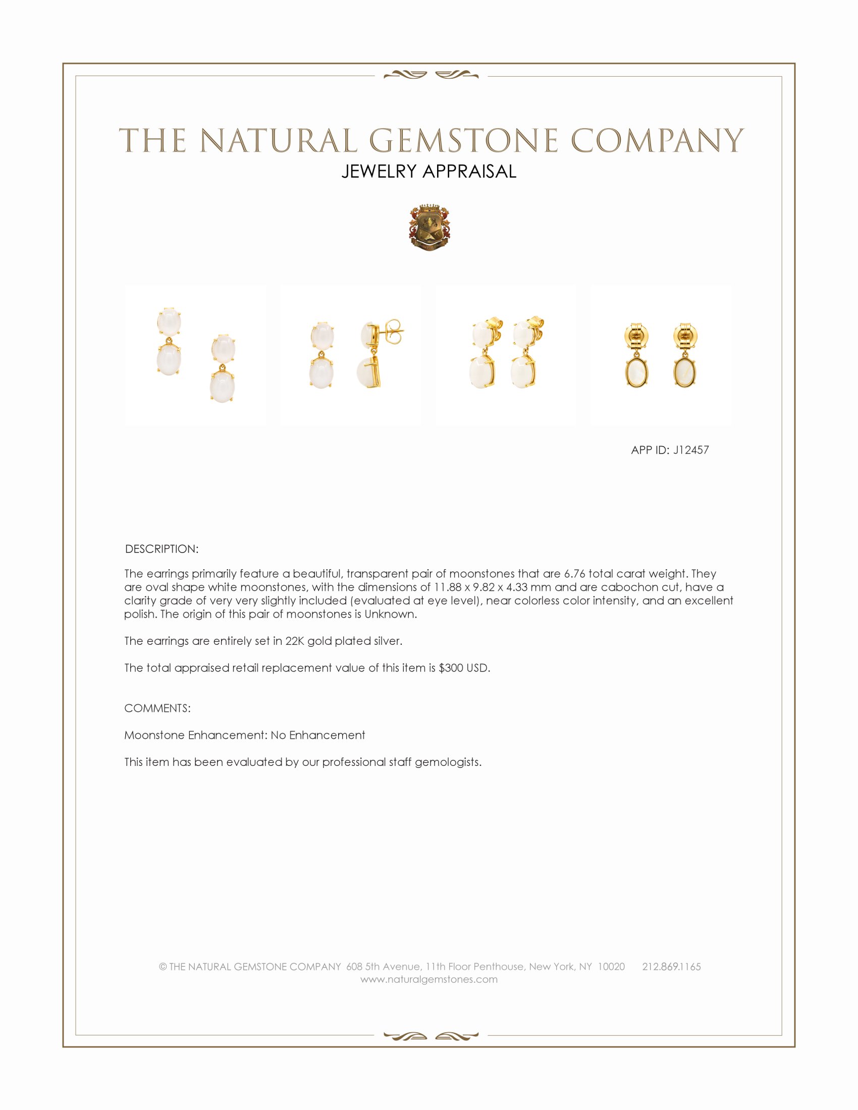18.38 Ct.Tw. White Moonstone Studs Earrings, 22K Gold Plated Silver
