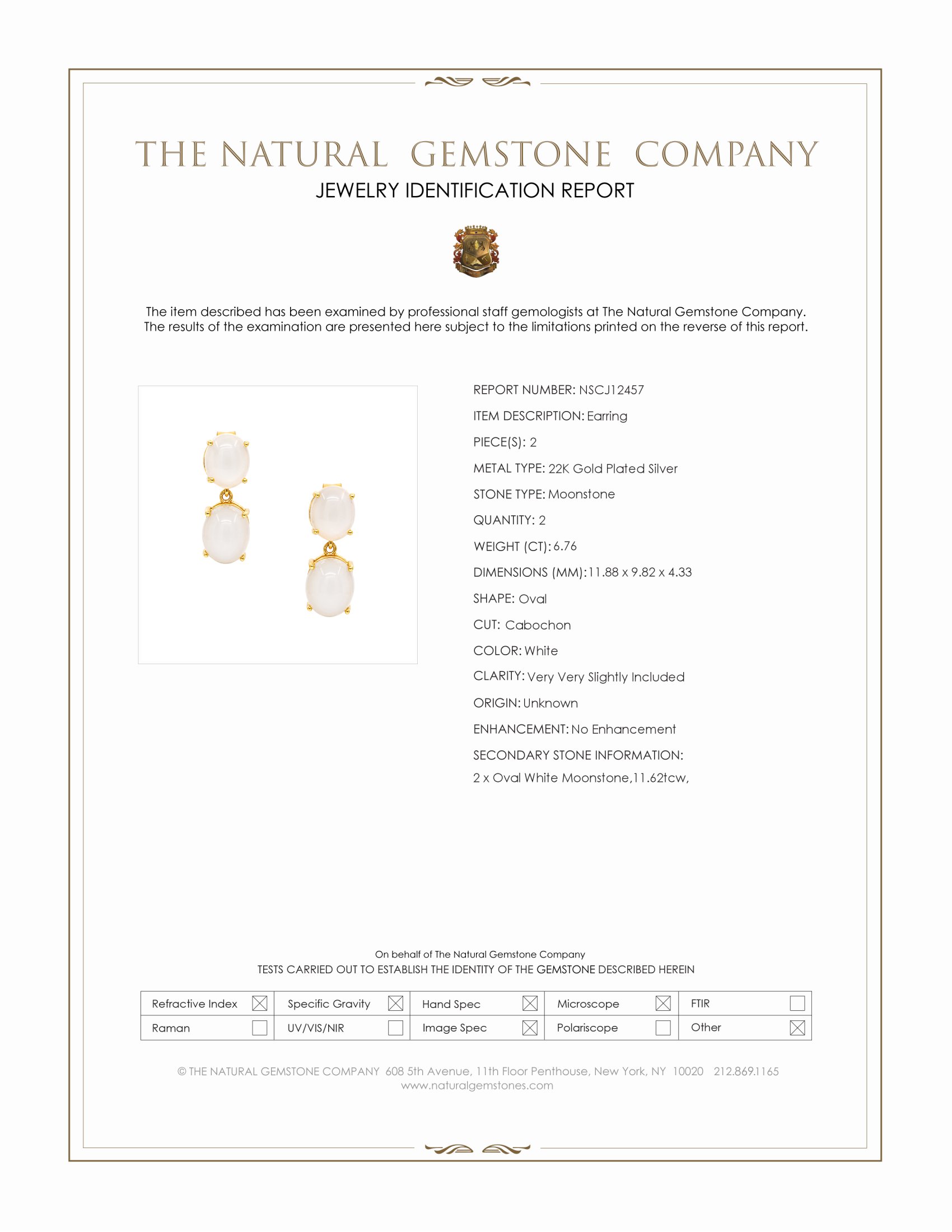 18.38 Ct.Tw. White Moonstone Studs Earrings, 22K Gold Plated Silver