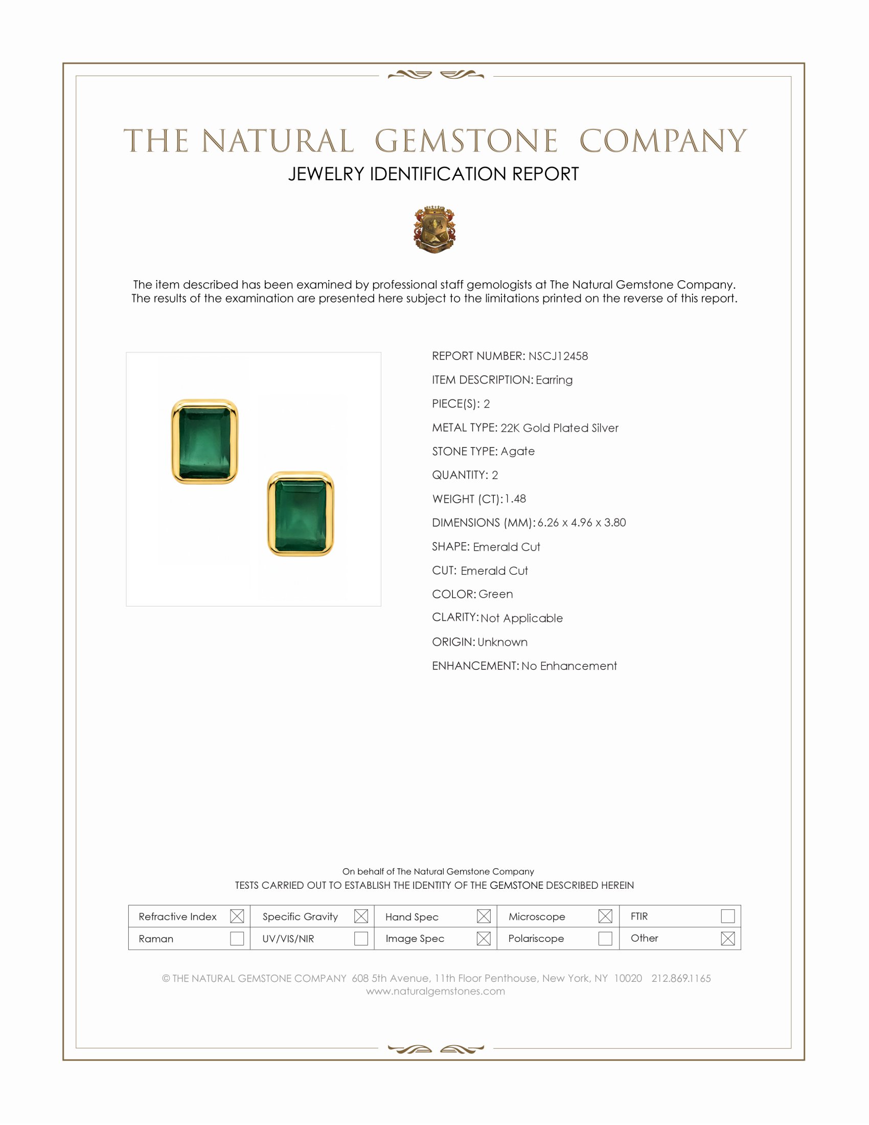 1.48 Ct.Tw. Green Agate Studs Earrings, 22K Gold Plated Silver