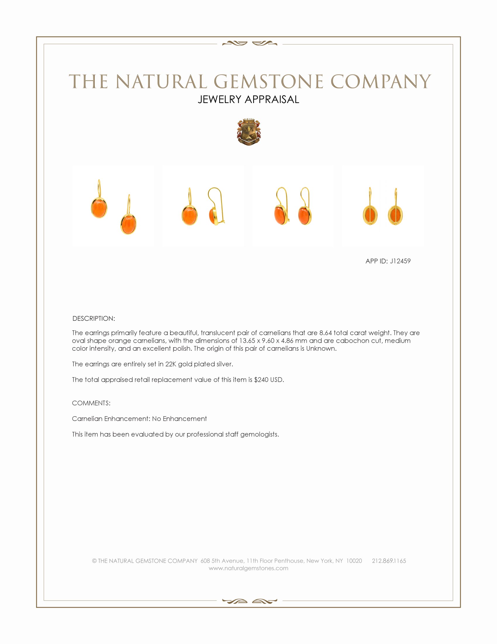 8.64 Ct.Tw. Orange Carnelian Hoops Earrings, 22K Gold Plated Silver