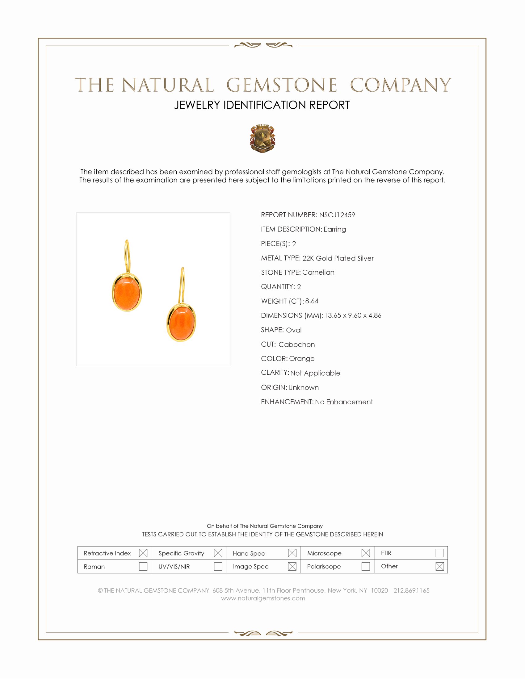 8.64 Ct.Tw. Orange Carnelian Hoops Earrings, 22K Gold Plated Silver