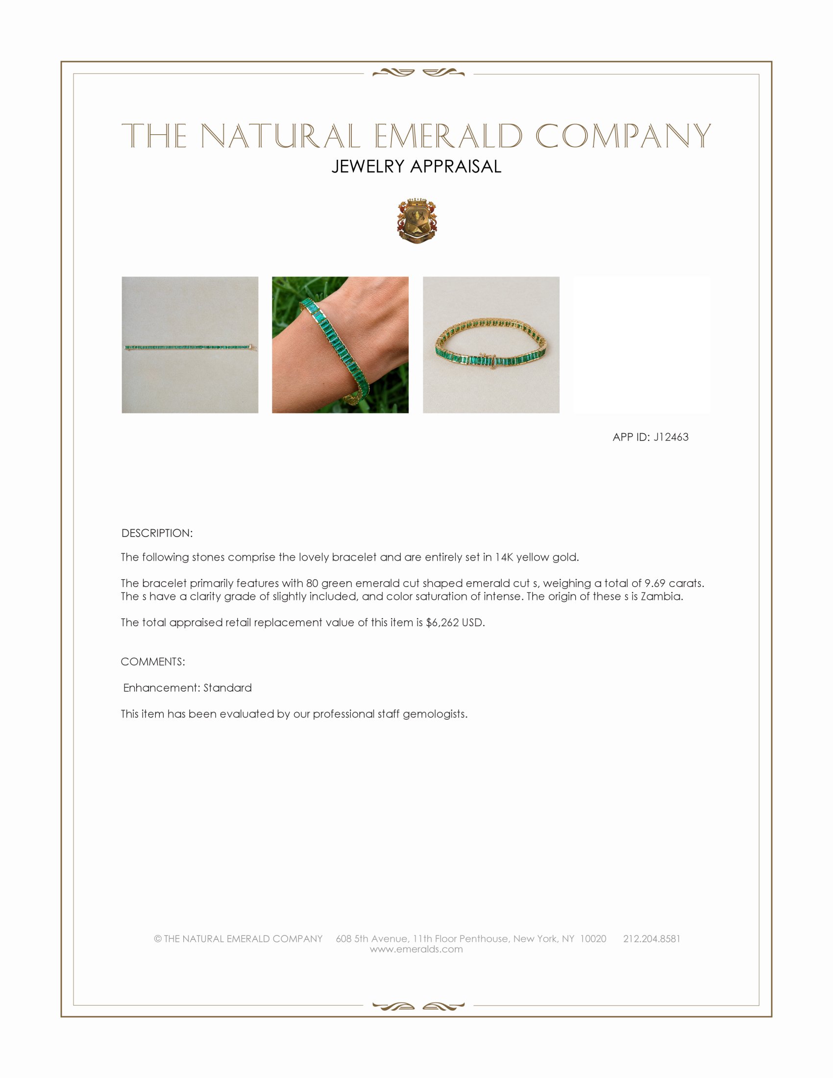 9.69 Ct.Tw. Emerald Tennis/Line Bracelet, 14K Yellow Gold