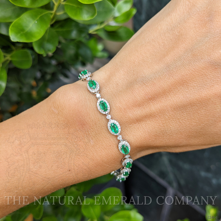 3.64 Ct.Tw. Emerald and Natural Diamond Pave Bracelet, 14K White Gold