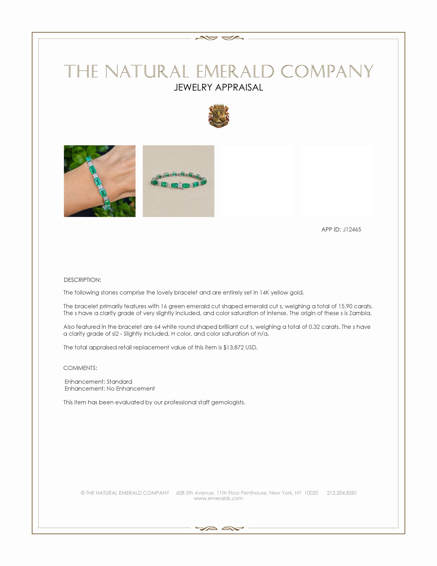 15.90 Ct.Tw. Emerald and Natural Diamond Pave Bracelet, 14K Yellow Gold