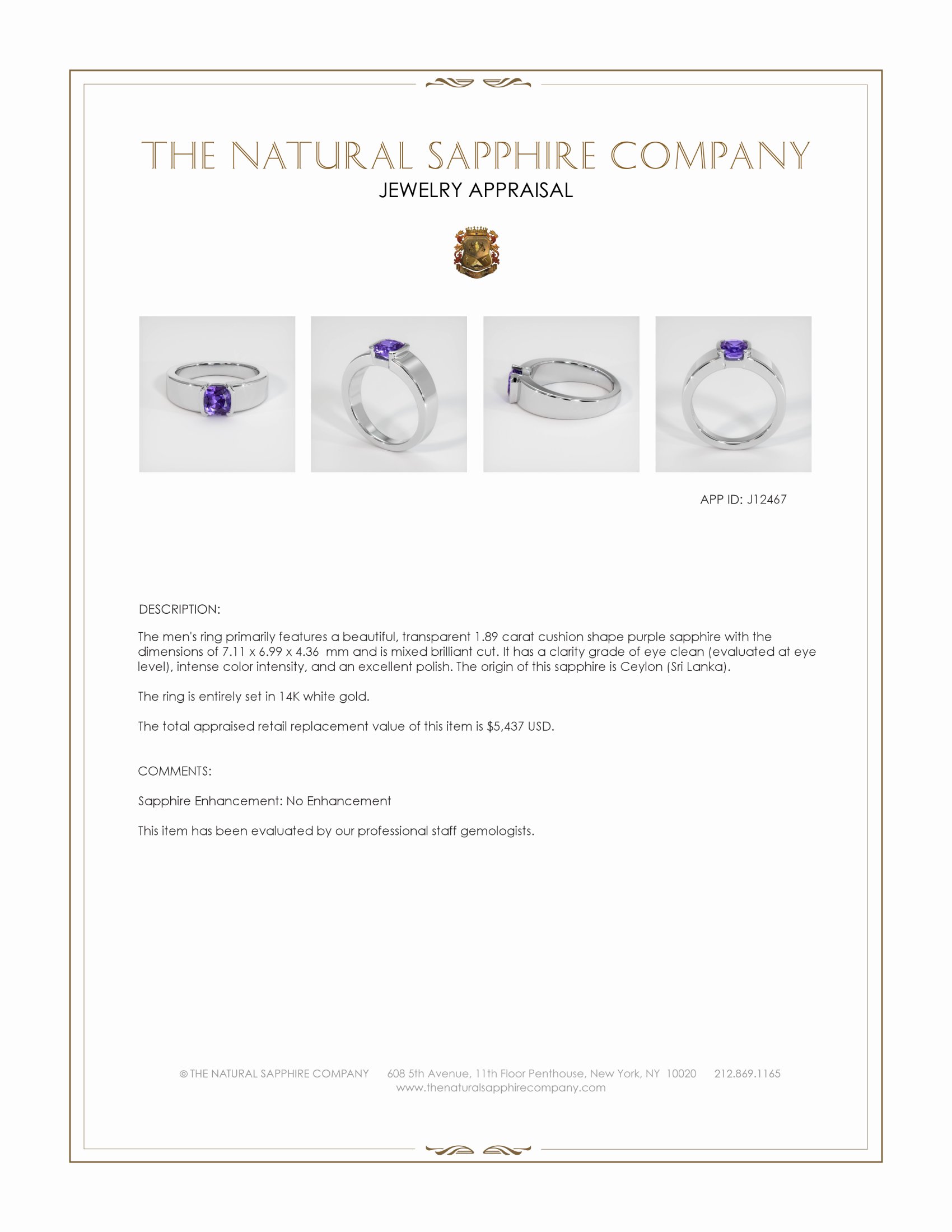 1.89 Ct. Purple Sapphire Men's Ring, 14K White Gold