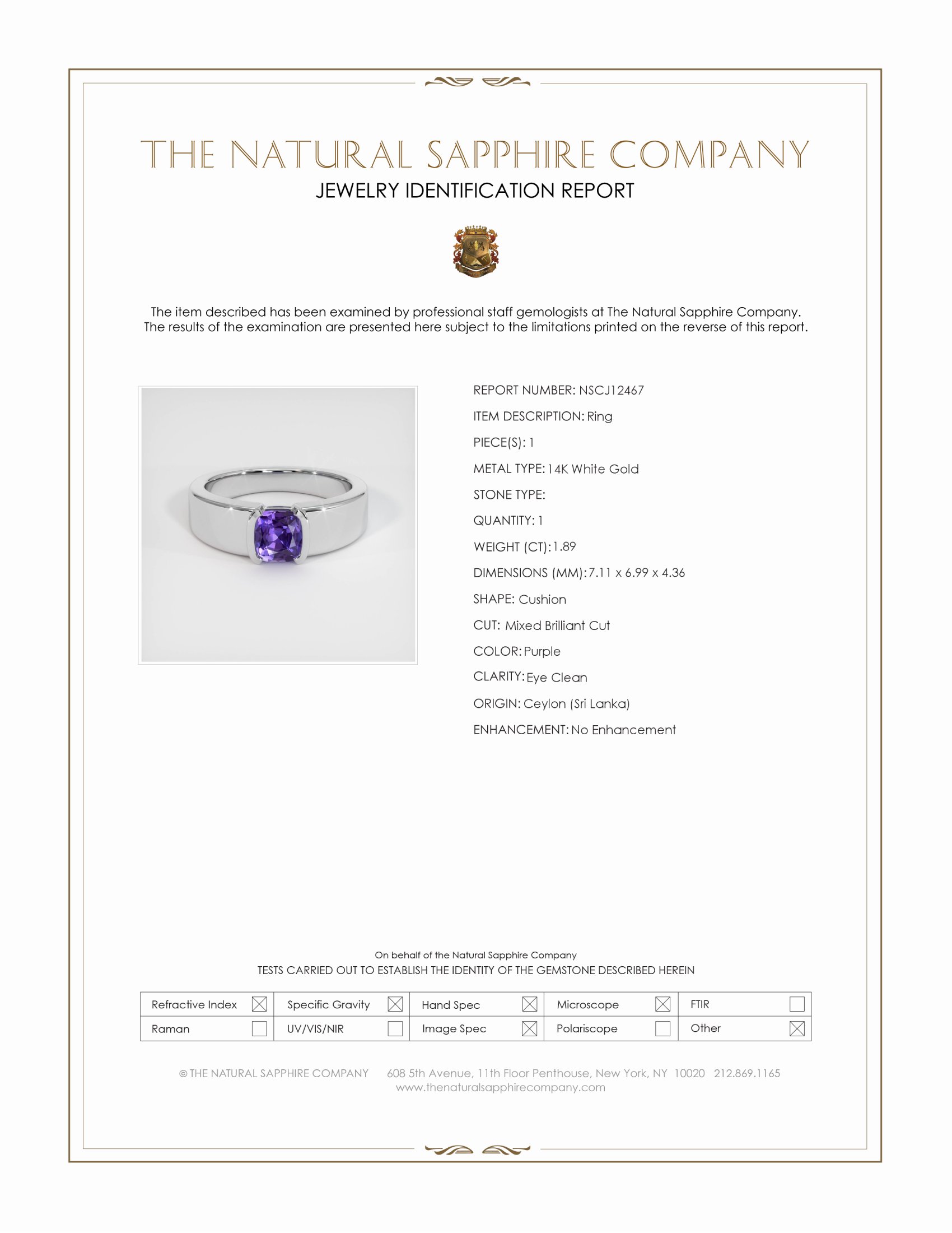 1.89 Ct. Purple Sapphire Men's Ring, 14K White Gold