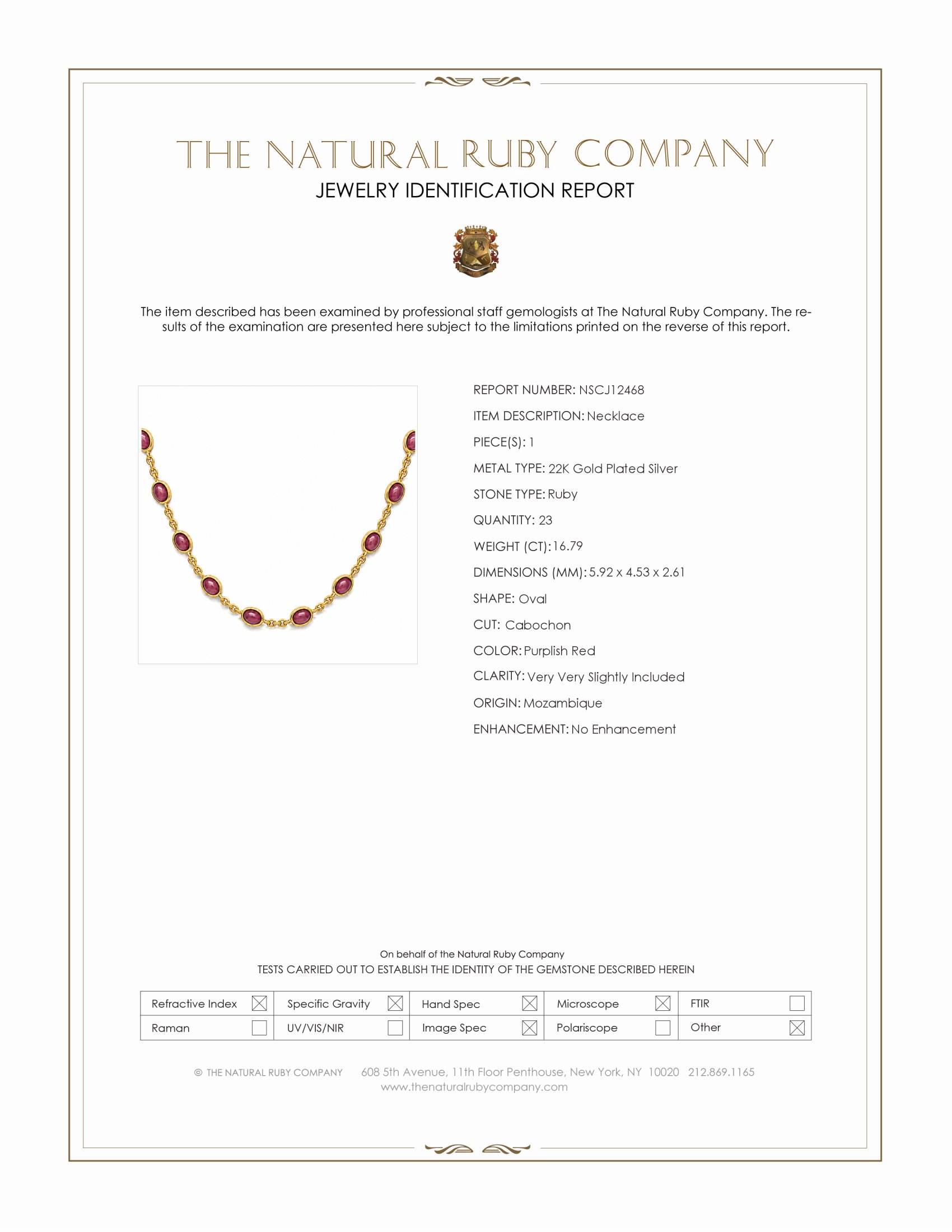 16.79 Ct. Purplish Red Ruby Bezel Necklace, 22K Gold Plated Silver