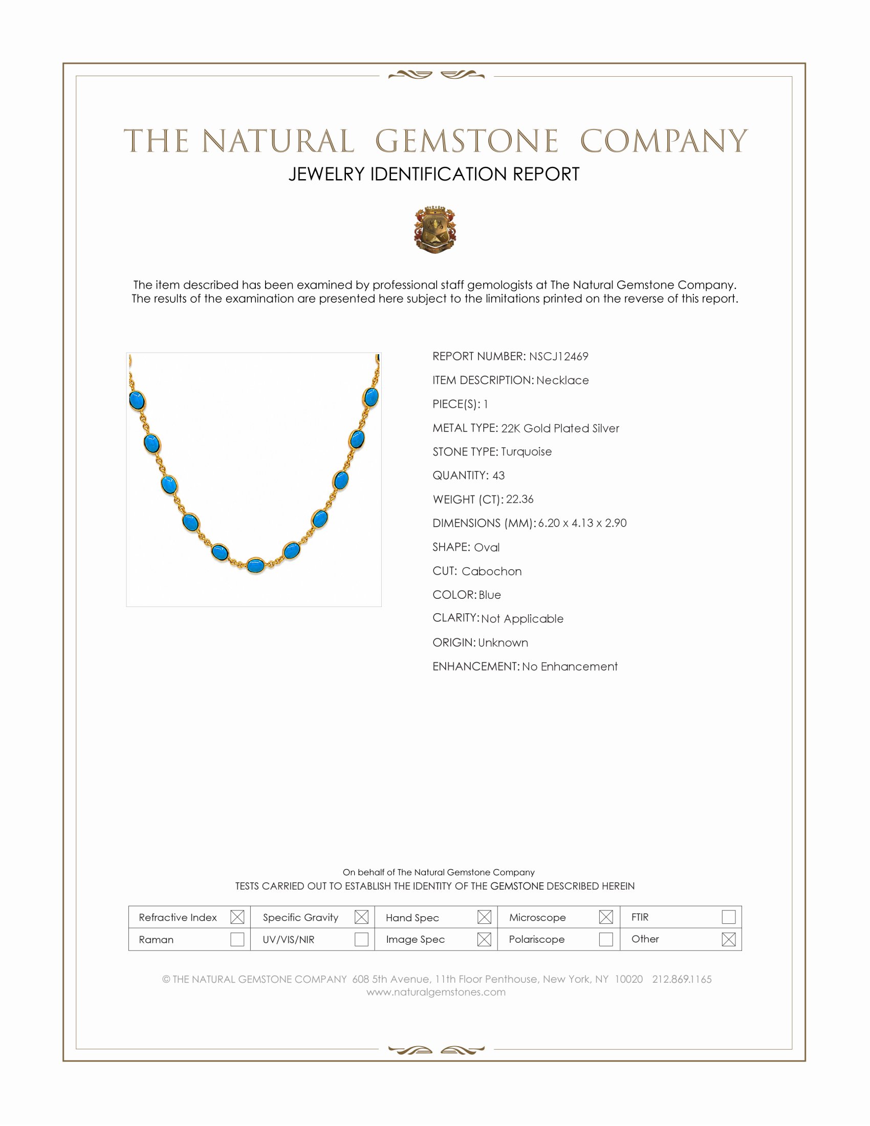 22.36 Ct. Blue Turquoise Bezel Necklace, 22K Gold Plated Silver