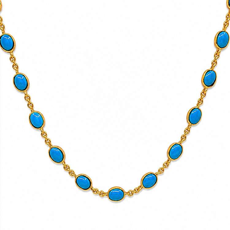 22.36 Ct. Blue Turquoise Bezel Necklace, 22K Gold Plated Silver