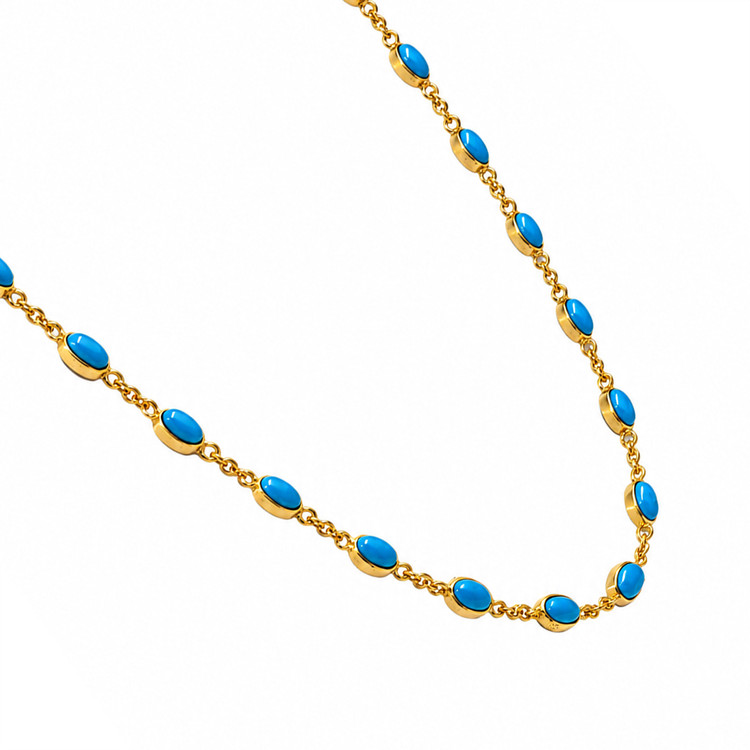 22.36 Ct. Blue Turquoise Bezel Necklace, 22K Gold Plated Silver