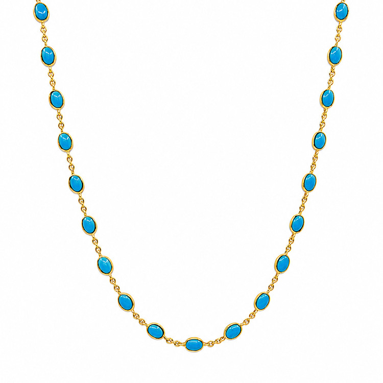 22.36 Ct. Blue Turquoise Bezel Necklace, 22K Gold Plated Silver