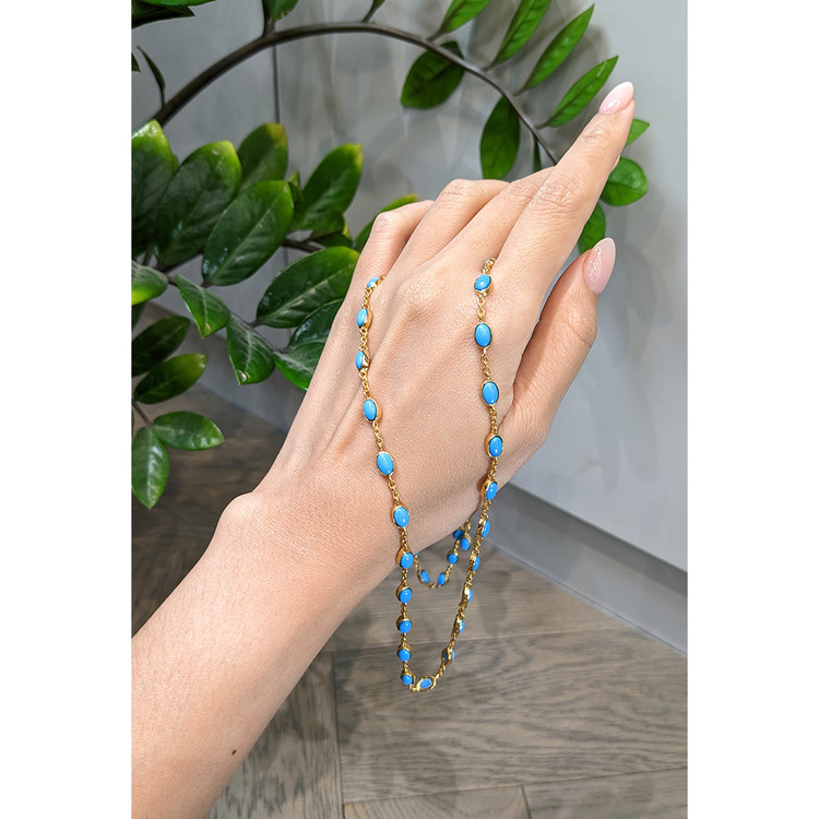 22.36 Ct. Blue Turquoise Bezel Necklace, 22K Gold Plated Silver