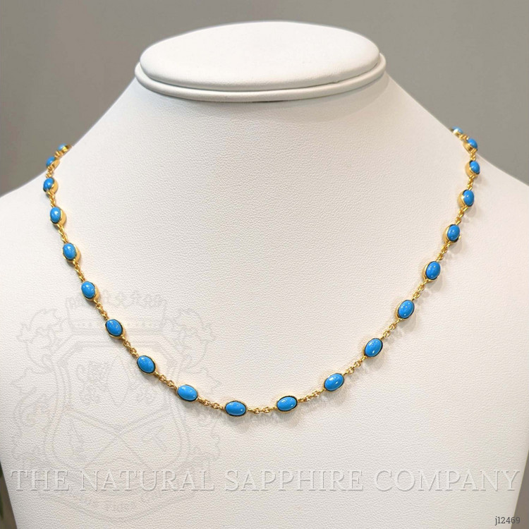 22.36 Ct. Blue Turquoise Bezel Necklace, 22K Gold Plated Silver