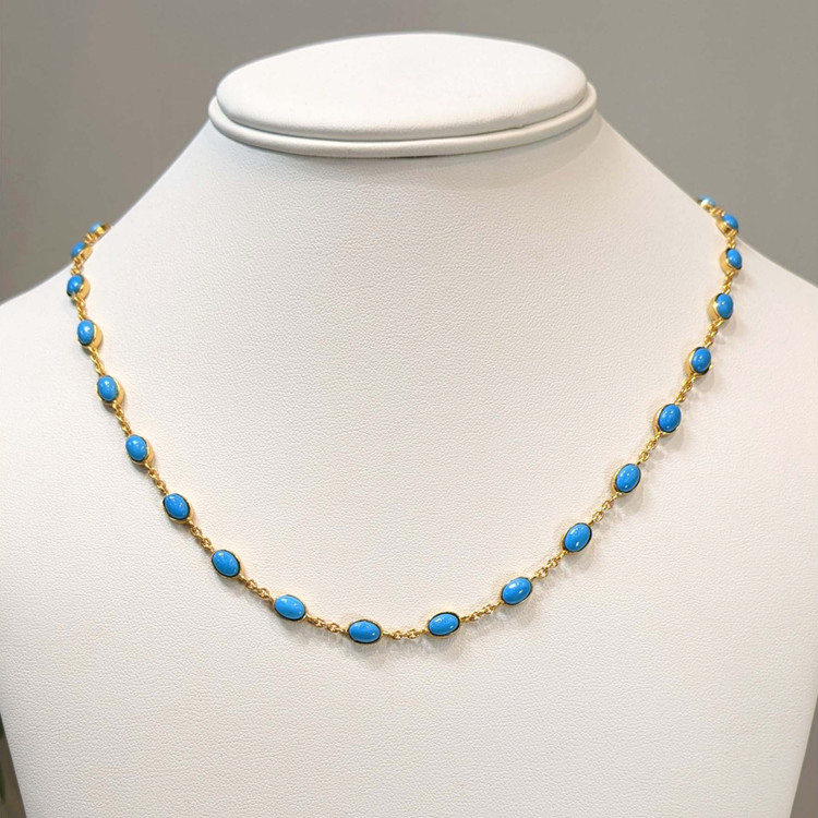 22.36 Ct. Blue Turquoise Bezel Necklace, 22K Gold Plated Silver