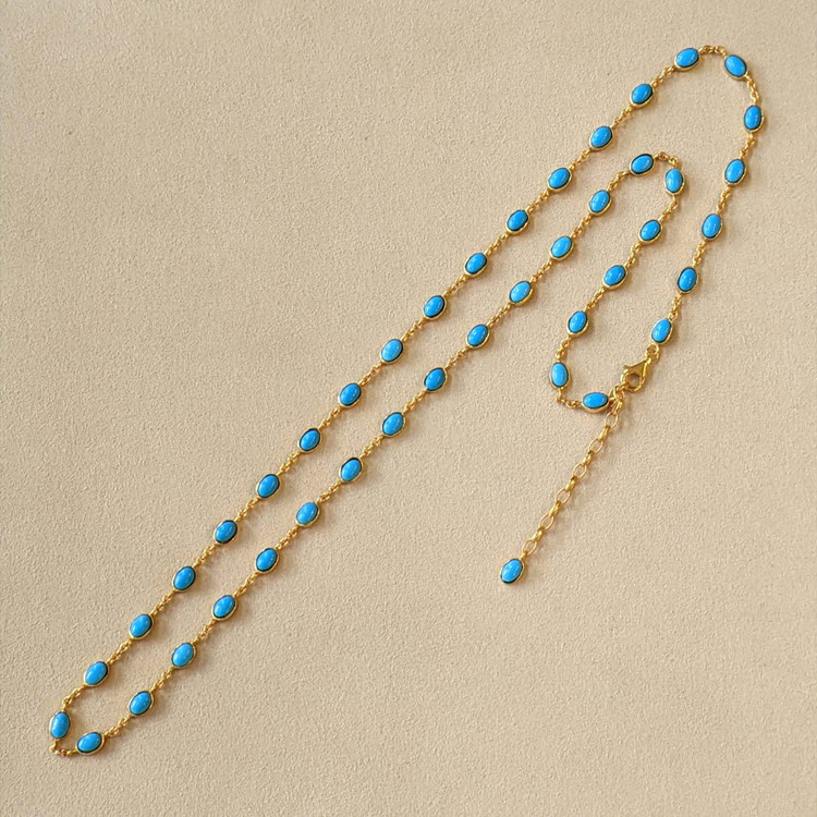 22.36 Ct. Blue Turquoise Bezel Necklace, 22K Gold Plated Silver