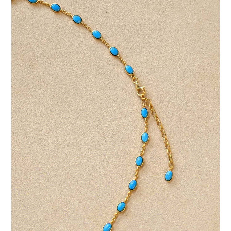 22.36 Ct. Blue Turquoise Bezel Necklace, 22K Gold Plated Silver