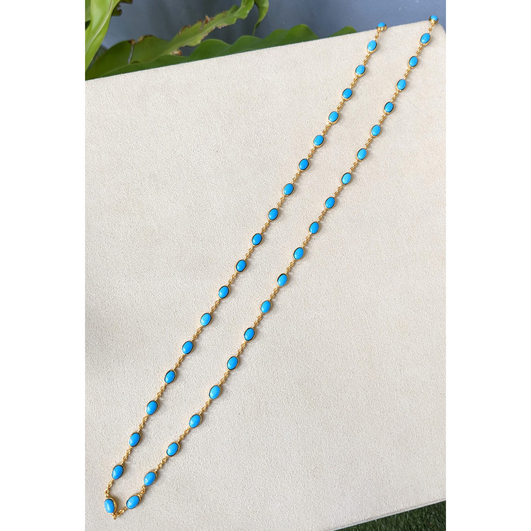 22.36 Ct. Blue Turquoise Bezel Necklace, 22K Gold Plated Silver