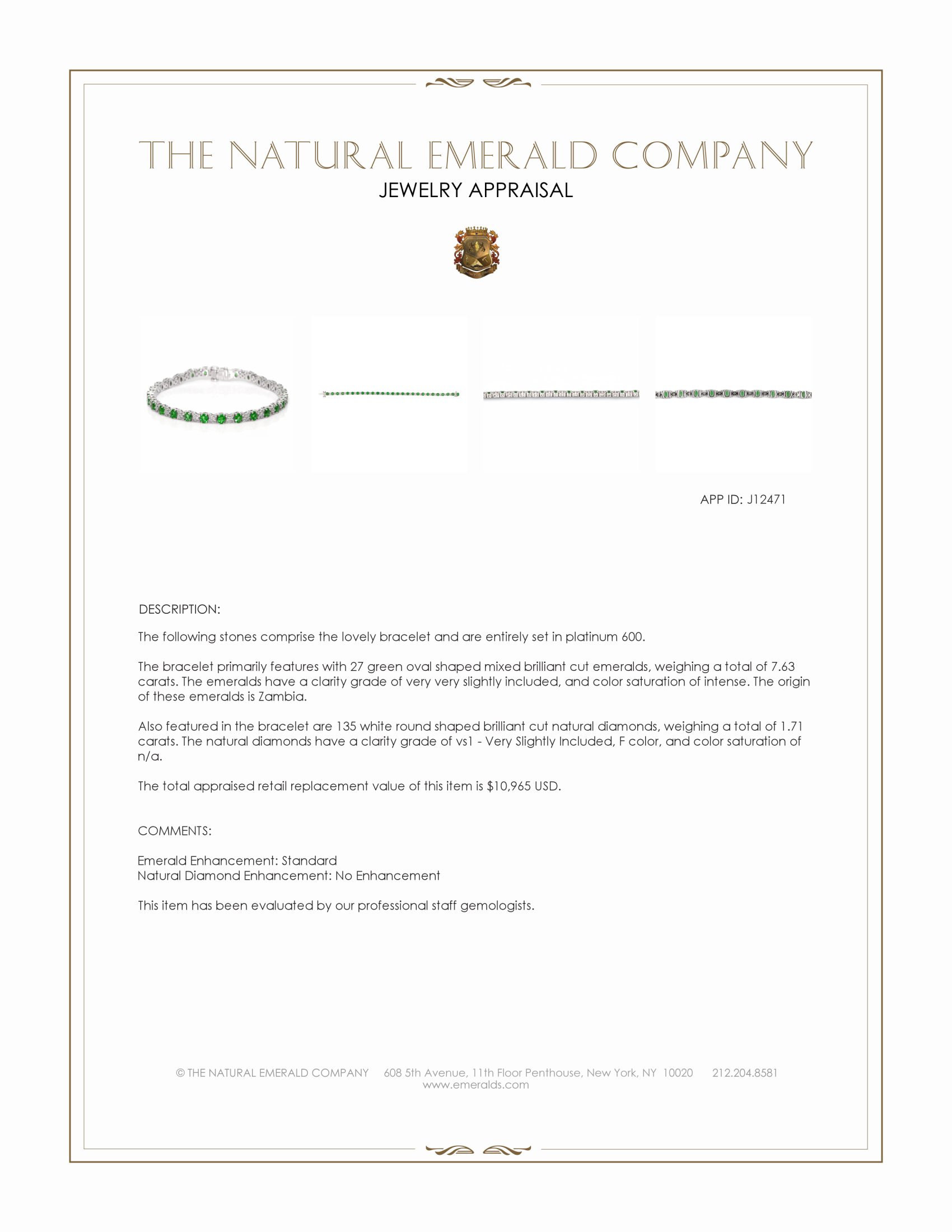 7.63 Ct.Tw. Emerald and Natural Diamond Tennis/Line Bracelet, Platinum 600