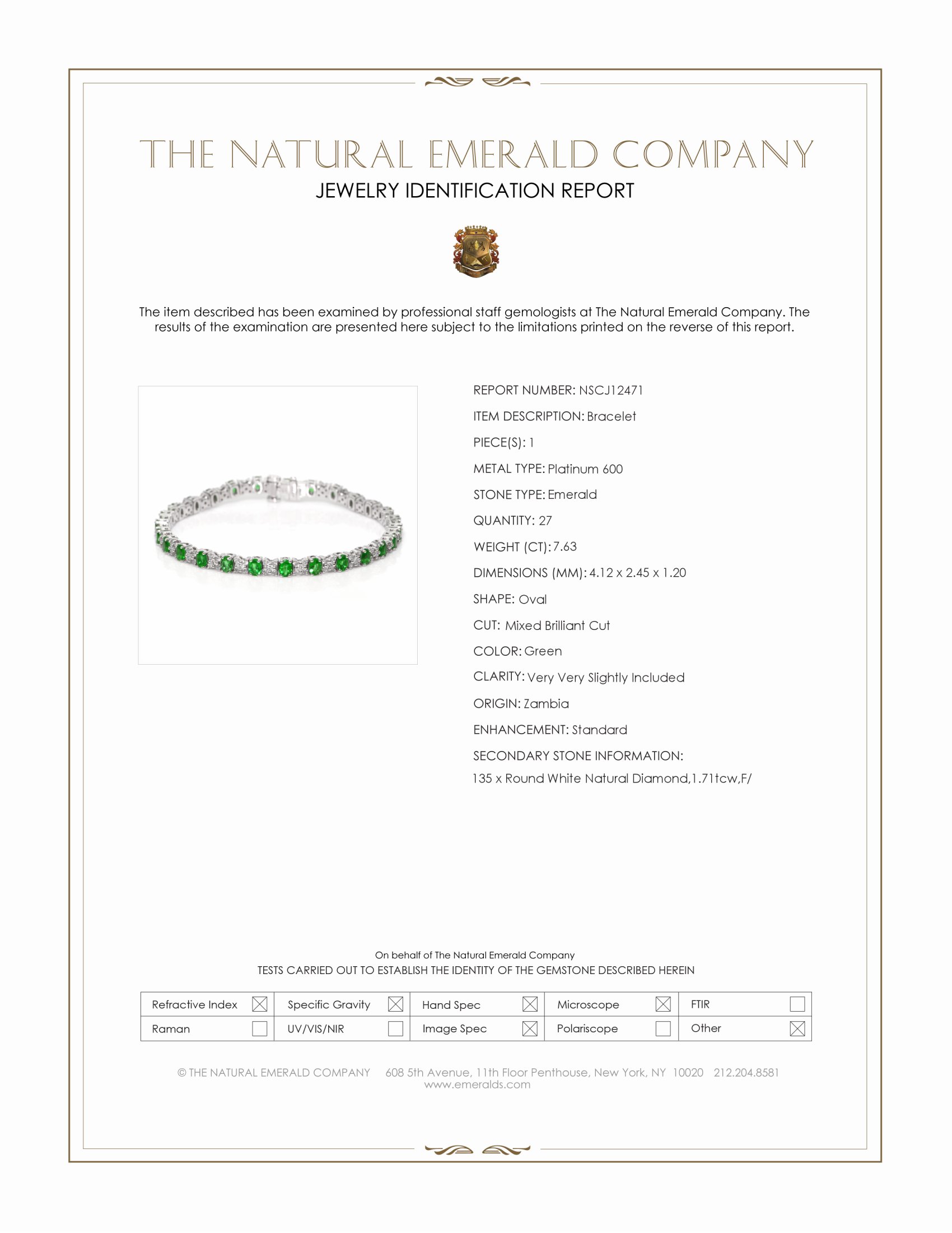 7.63 Ct.Tw. Emerald and Natural Diamond Tennis/Line Bracelet, Platinum 600