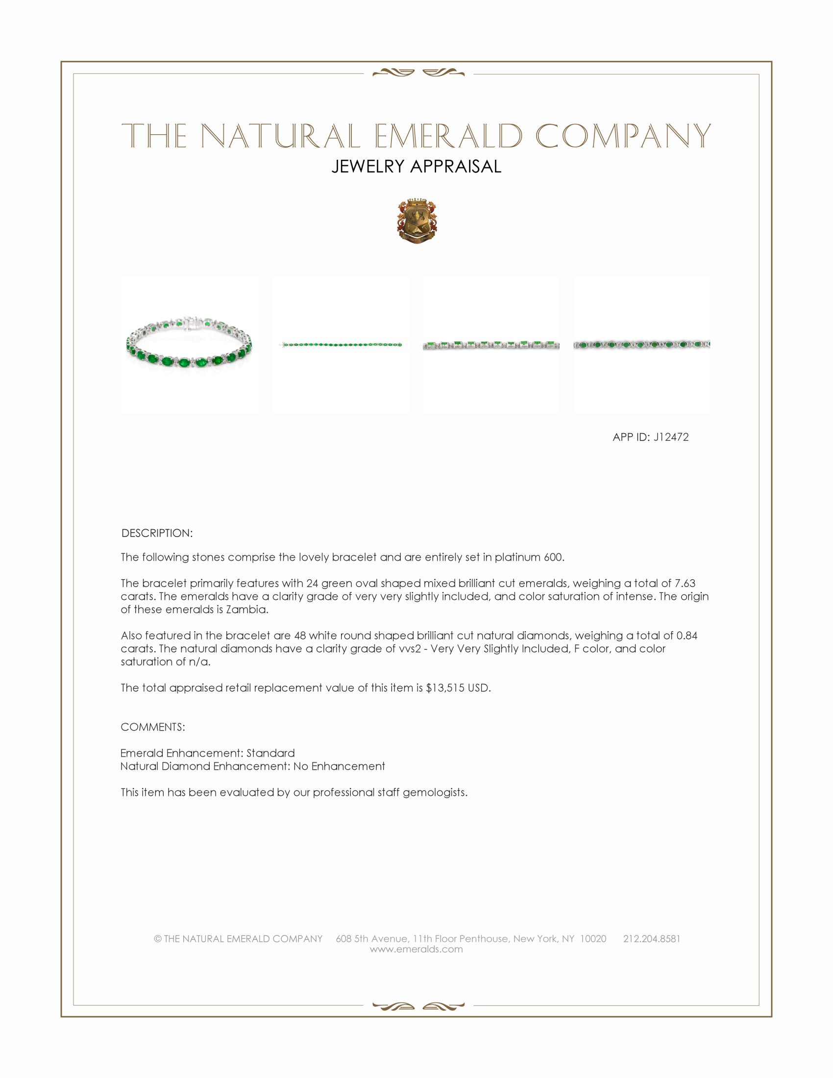 7.63 Ct.Tw. Emerald and Natural Diamond Tennis/Line Bracelet, Platinum 600