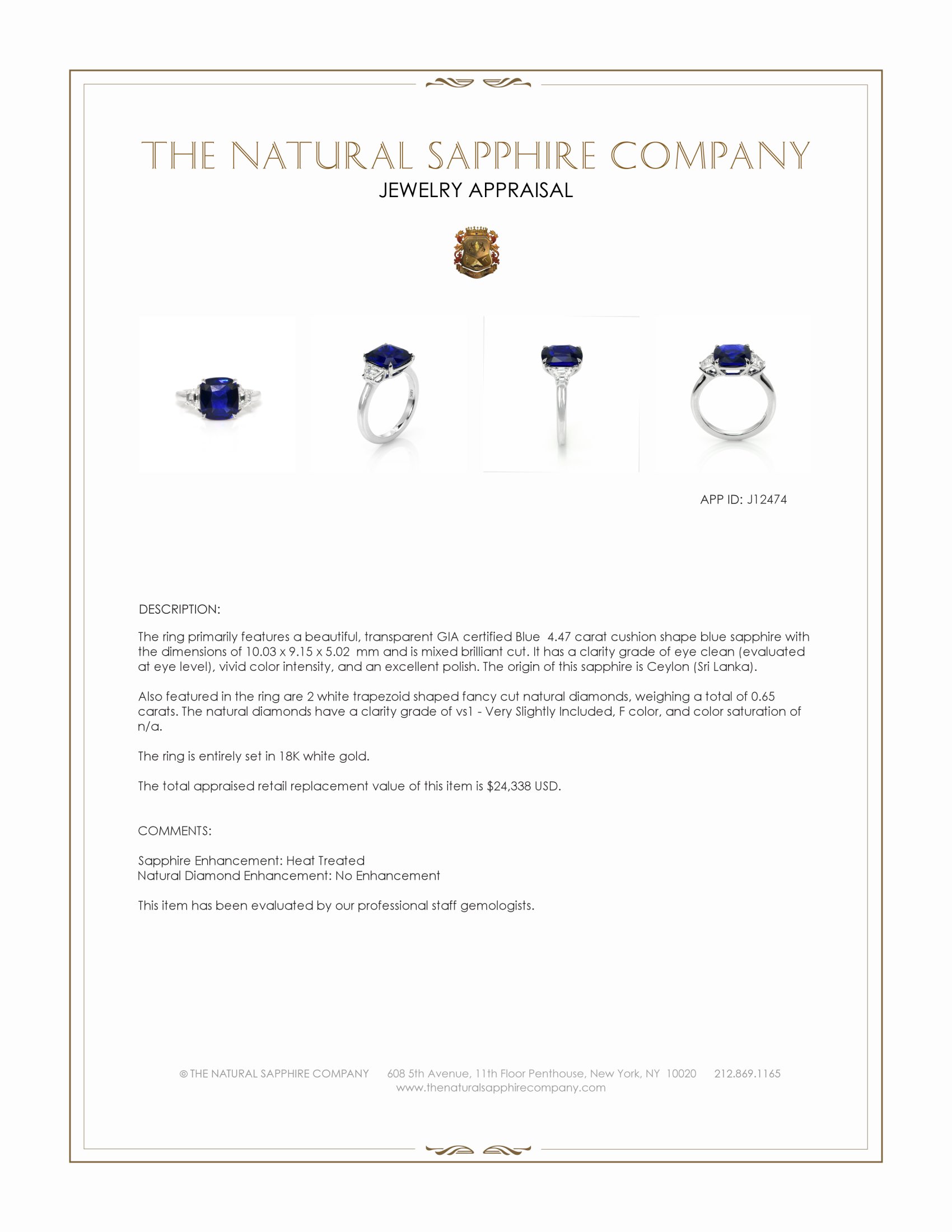 4.47 Ct. Blue Sapphire and Natural Diamond Three Stone Ring, 18K White Gold