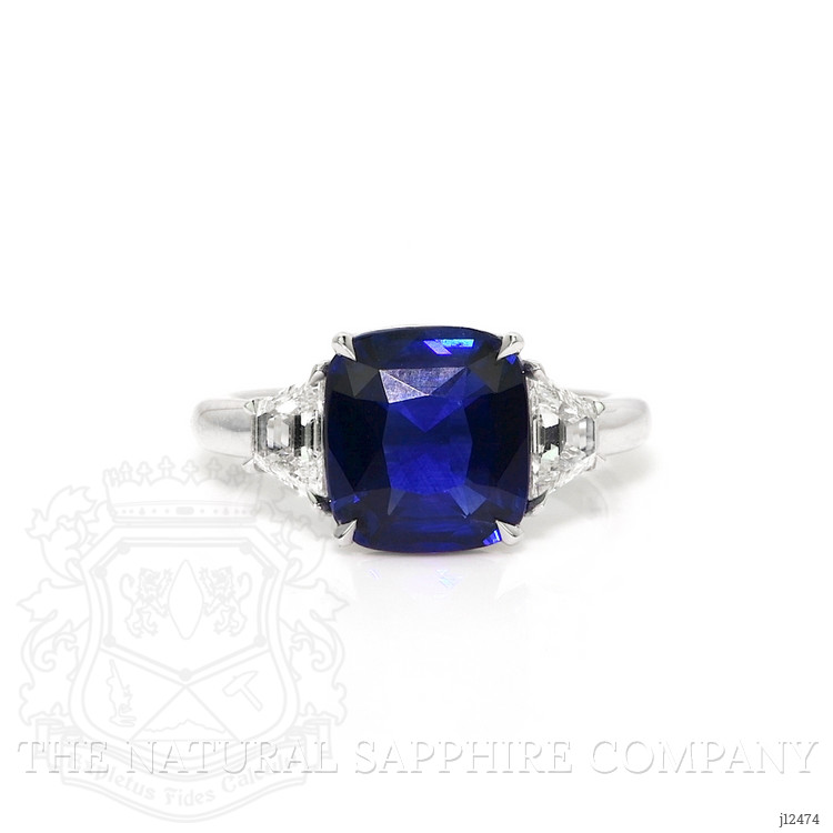 4.47 Ct. Blue Sapphire and Natural Diamond Three Stone Ring, 18K White Gold
