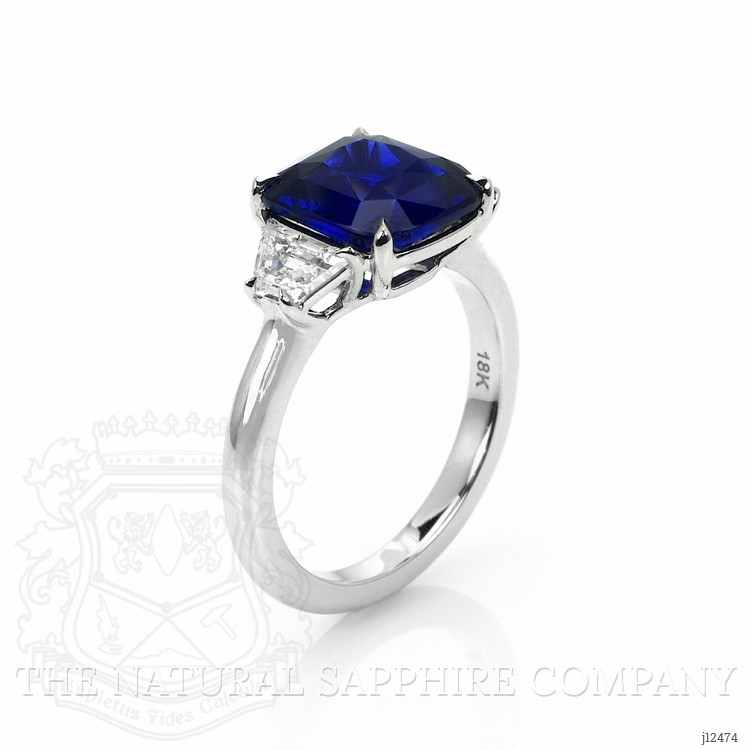 4.47 Ct. Blue Sapphire and Natural Diamond Three Stone Ring, 18K White Gold