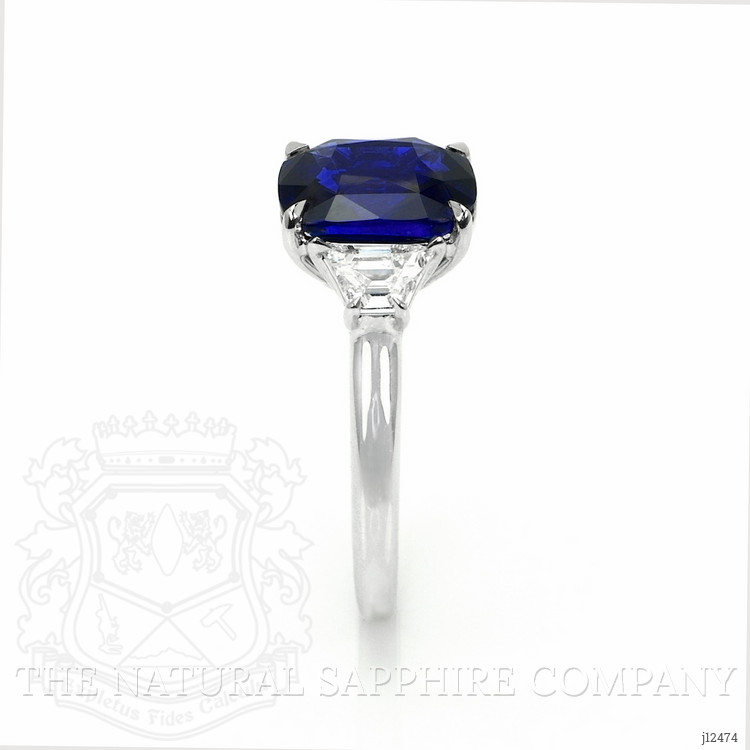 4.47 Ct. Blue Sapphire and Natural Diamond Three Stone Ring, 18K White Gold