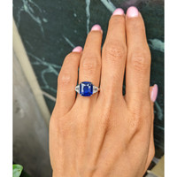 4.47 Ct. Blue Sapphire and Natural Diamond Three Stone Ring, 18K White Gold Life Style