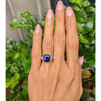 4.47 Ct. Blue Sapphire and Natural Diamond Three Stone Ring, 18K White Gold Life Style
