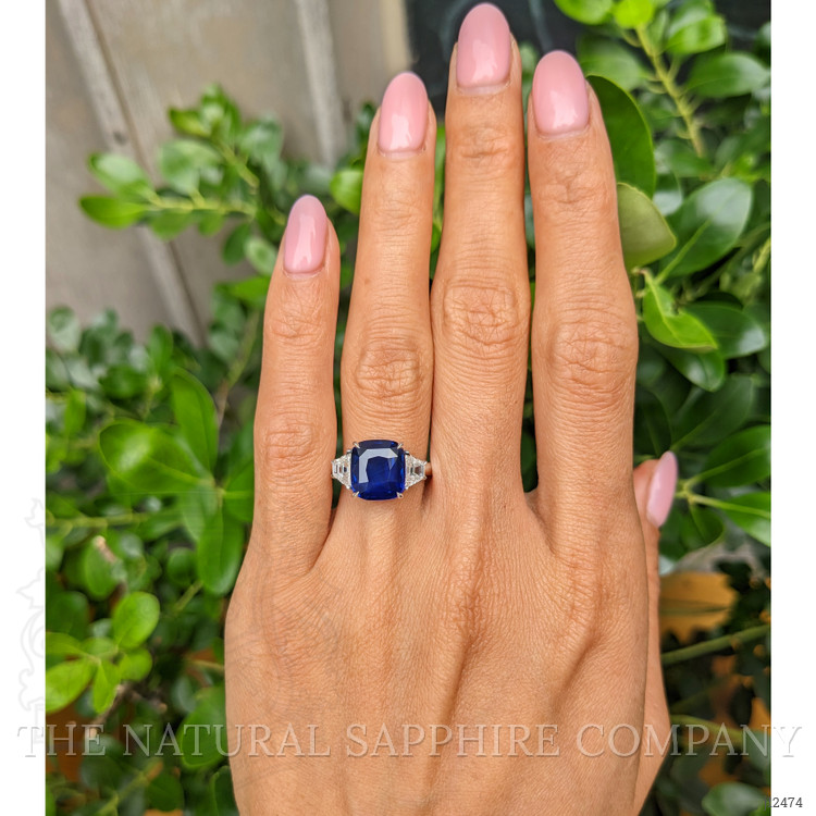 4.47 Ct. Blue Sapphire and Natural Diamond Three Stone Ring, 18K White Gold