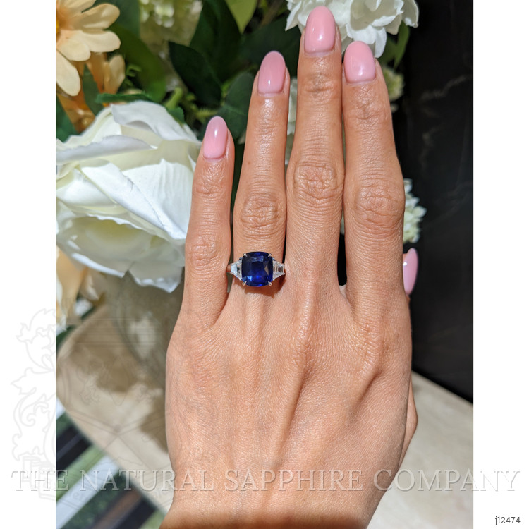 4.47 Ct. Blue Sapphire and Natural Diamond Three Stone Ring, 18K White Gold