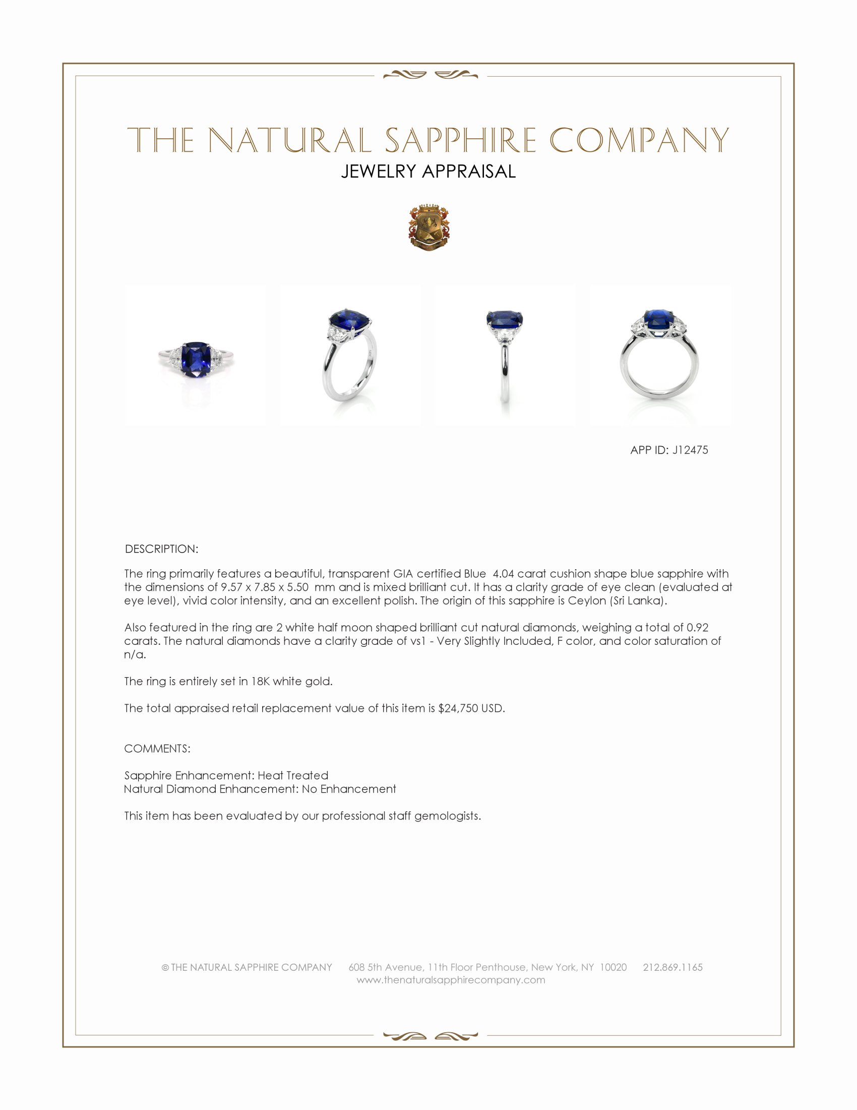 4.04 Ct. Blue Sapphire and Natural Diamond Three Stone Ring, 18K White Gold