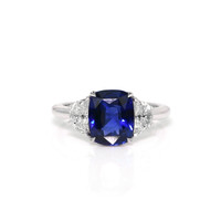 4.04 Ct. Blue Sapphire and Natural Diamond Three Stone Ring, 18K White Gold Video
