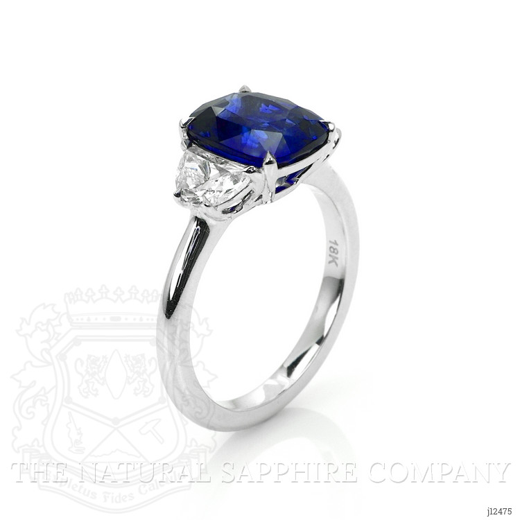 4.04 Ct. Blue Sapphire and Natural Diamond Three Stone Ring, 18K White Gold