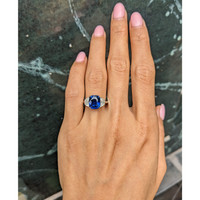 4.04 Ct. Blue Sapphire and Natural Diamond Three Stone Ring, 18K White Gold Life Style