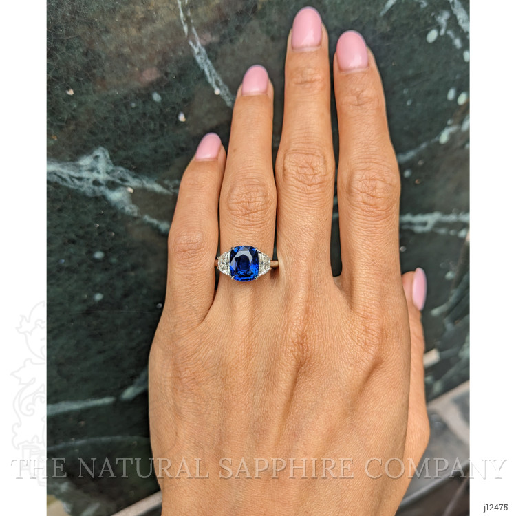 4.04 Ct. Blue Sapphire and Natural Diamond Three Stone Ring, 18K White Gold