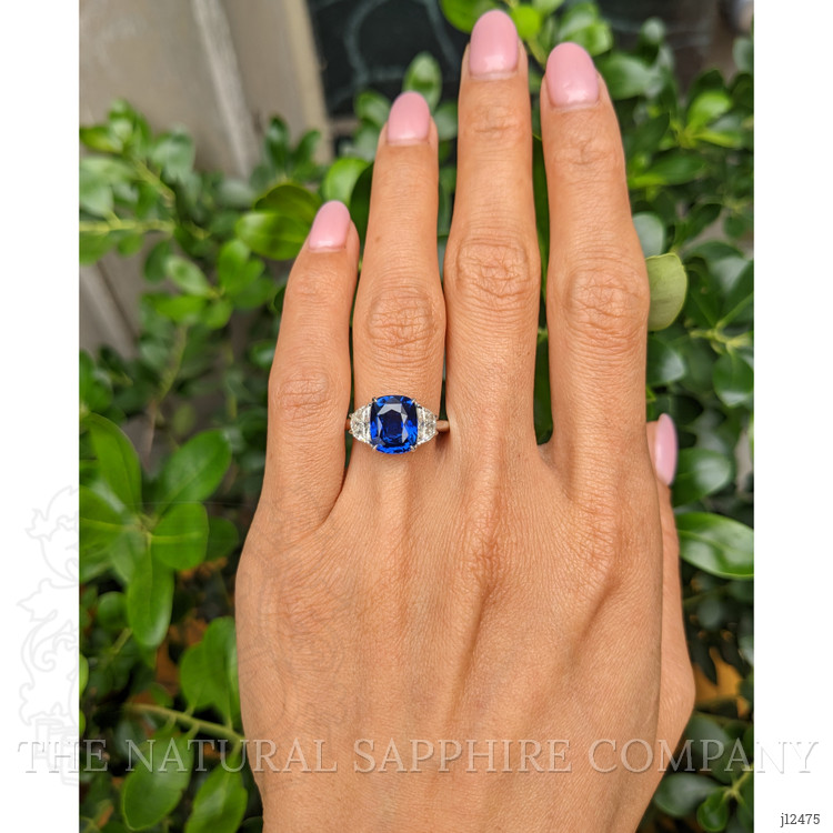 4.04 Ct. Blue Sapphire and Natural Diamond Three Stone Ring, 18K White Gold