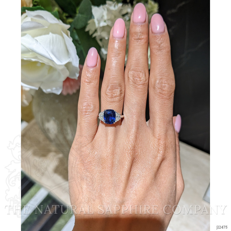 4.04 Ct. Blue Sapphire and Natural Diamond Three Stone Ring, 18K White Gold