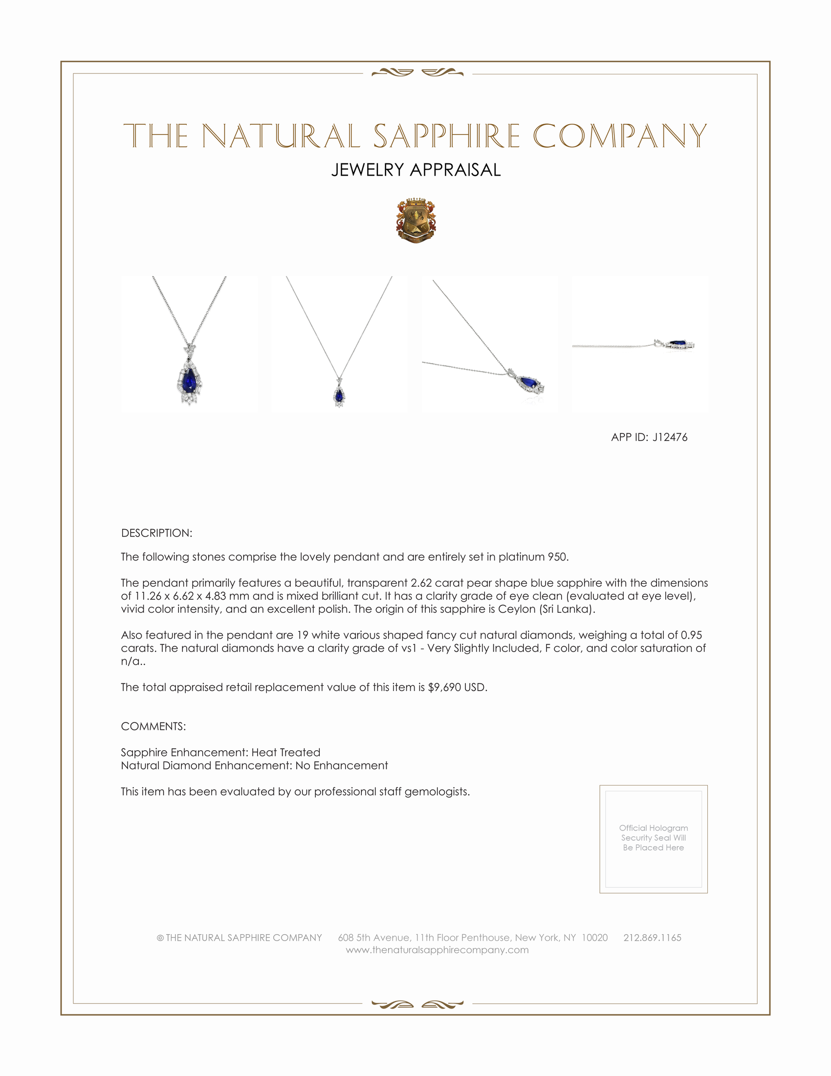 2.62 Ct. Blue Sapphire and Natural Diamond Halo Pendant, Platinum 950