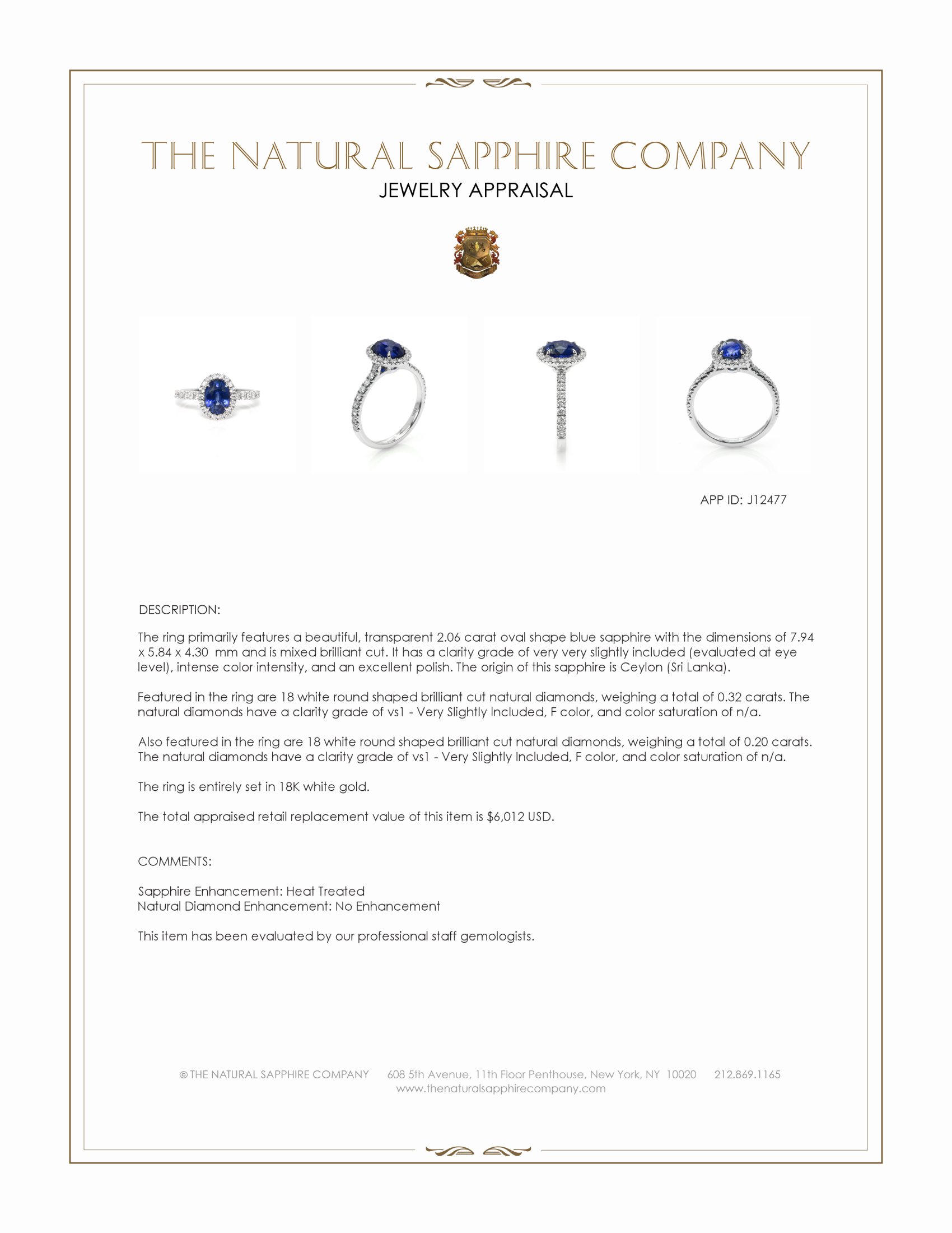 2.06 Ct. Blue Sapphire and Natural Diamond Pave Ring, 18K White Gold
