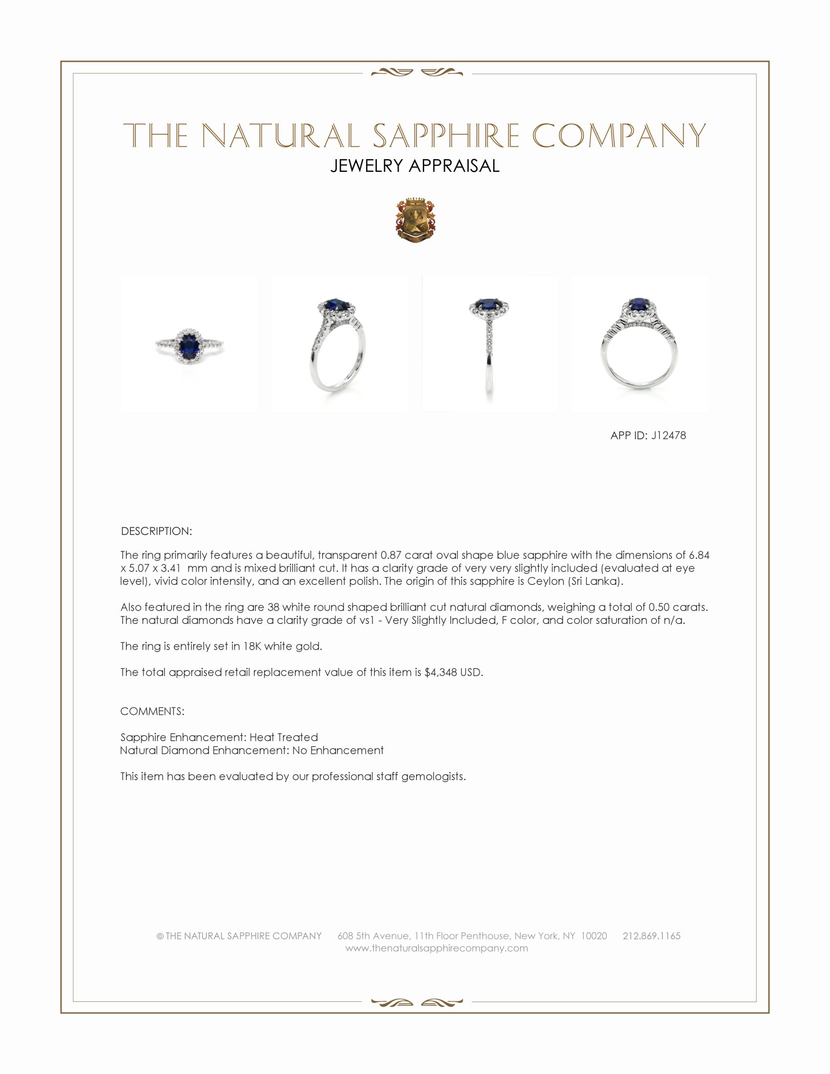 0.87 Ct. Blue Sapphire and Natural Diamond Pave Ring, 18K White Gold