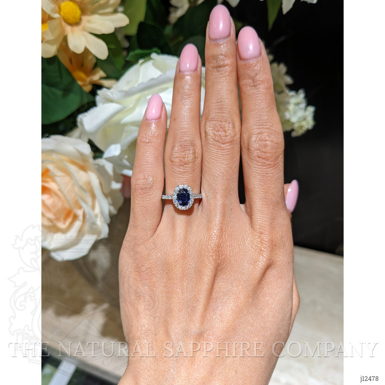 0.87 Ct. Blue Sapphire and Natural Diamond Pave Ring, 18K White Gold
